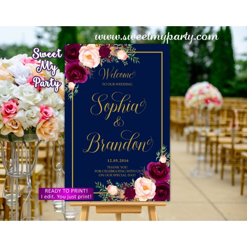 Navy Burgundy Welcome Sign,Burgundy Welcome sign,(84w)